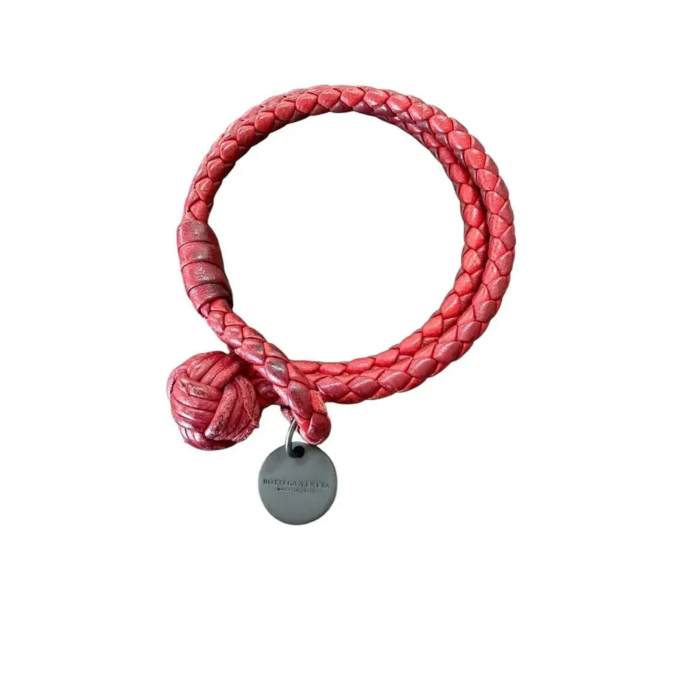 Authentic Bottega Veneta Mens Intrecciato Double Bracelet Red Lambskin Gunmetal